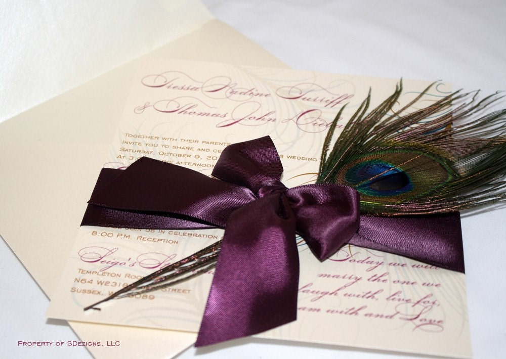 Peacock Wedding Invitations Real feather No pocket From SDezigns
