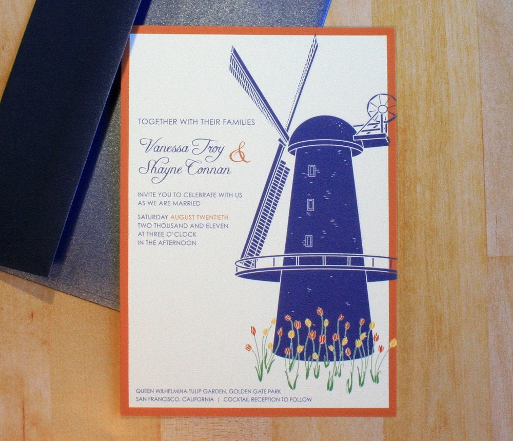 SAMPLE Windmill in the Tulips Wedding Invitation From vohandmade