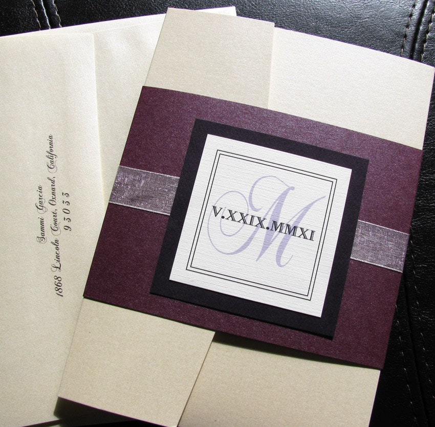 silver and purple elegant pocket wedding invitations