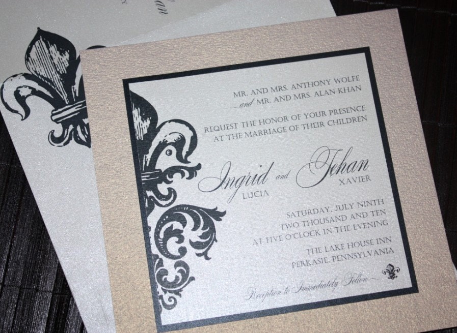 Ingrid Wedding Invitation Sample Black Ivory Champagne Fleur de Lis