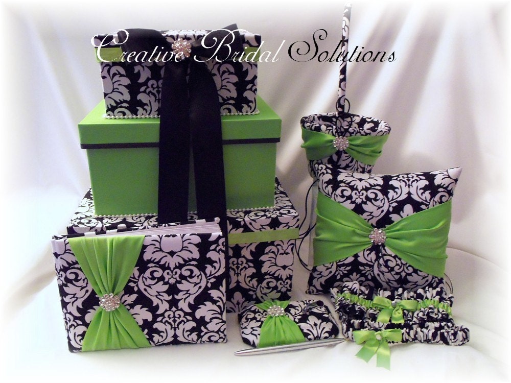Black and White Damask with Apple Green Wedding 6pc Set with Card Box
