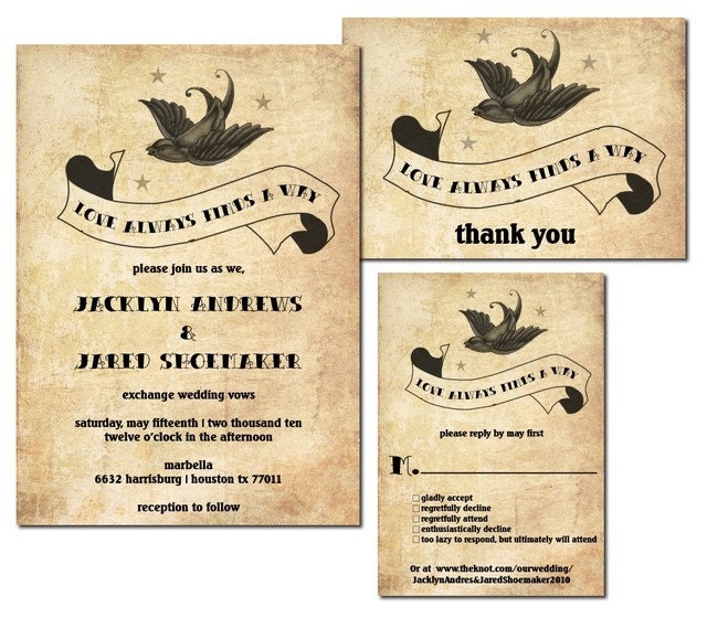 Rockabilly Wedding Invitation Set Featuring a Sparrow Banner and Stars 