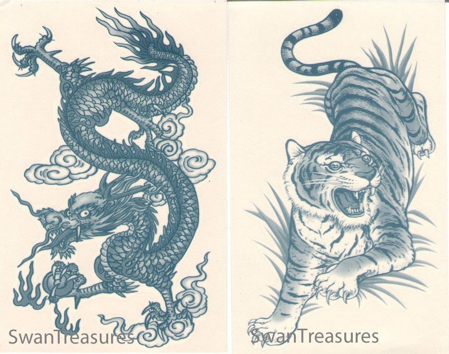 Two Vintage Japanese DRAGON and TIGER Temporary Tattoos large size