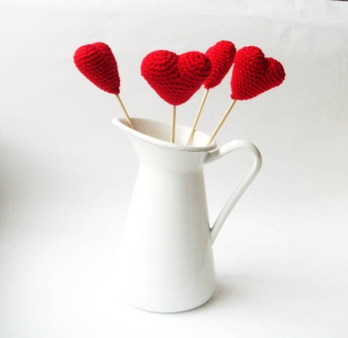 Crocheted Red hearts set of 4 wedding favor mothers day may