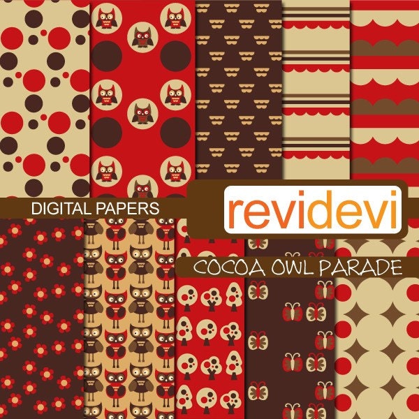 Printable Designer Papers Cocoa Owl Parade 10036 Digital download JPG 