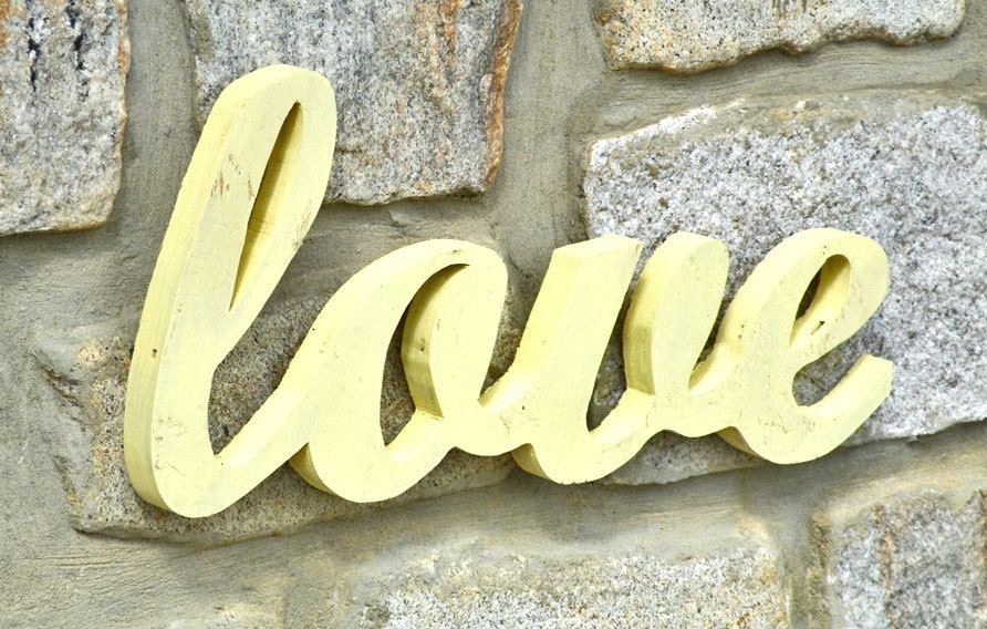 Love Sign Cottage Vintage Decor Wood Wedding Gift Sign in Yellow Old Style