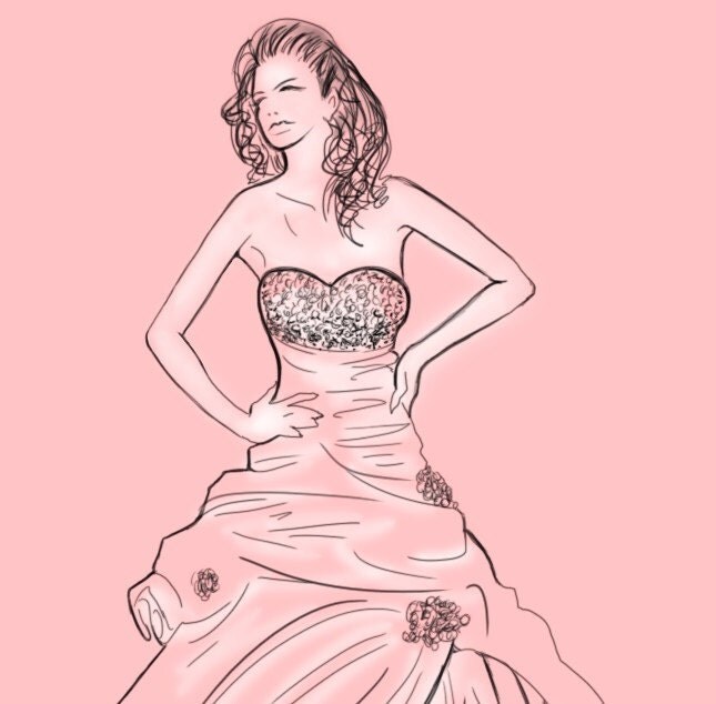 Custom Wedding Dress Digital Sketch Drawing Illustration