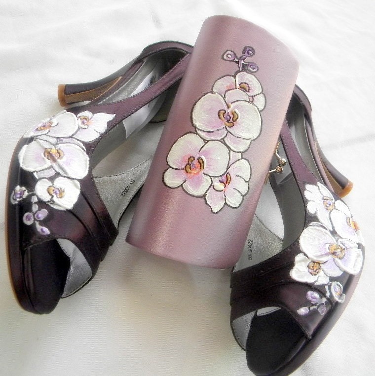 Wedding shoes and clutch bag painted orchid victorian aubergine set