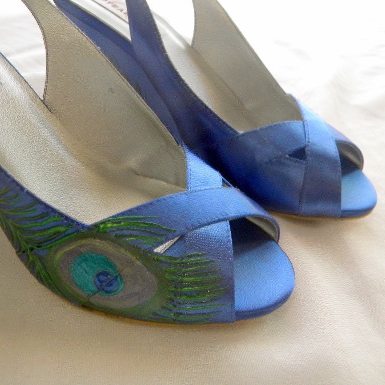 Wedding shoes blue wedges painted peacock feather From norakaren