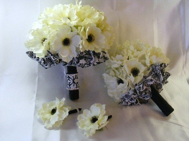 Damask Silk Anemone Bridal bouquet set bridesmaid bouquet and boutonnieres