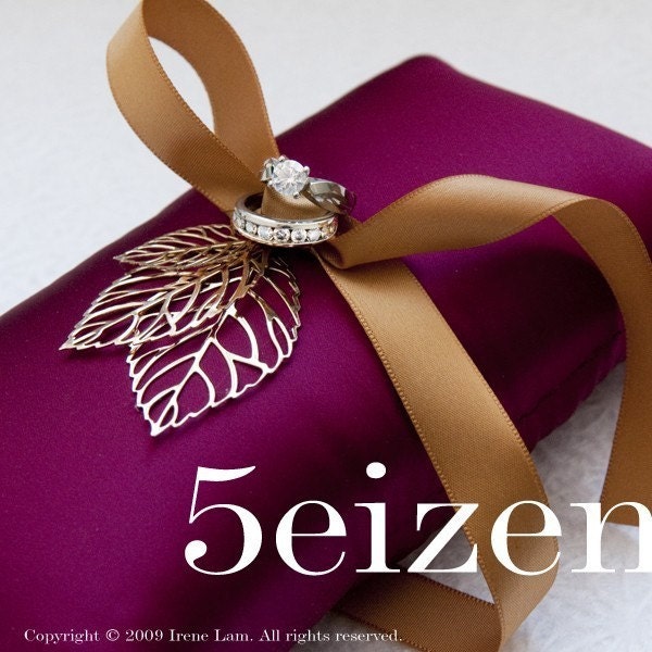 Leah Series Deep Fuschia and Gold Leaves Wedding Ring Pillow From 5eizen