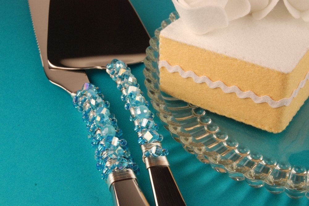 Ocean blue wedding cake server and knife beaded crystal READY TO SHIP