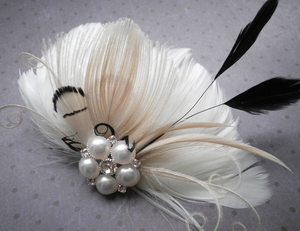  feather hair clip with Ivory Peacock and Black Feathers wedding