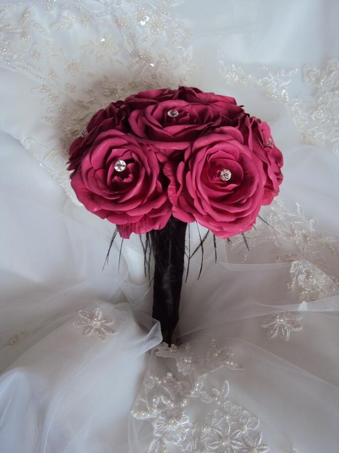 Real Touch Fuschia Hot Pink Roses accented with Black Ostrich Feathers