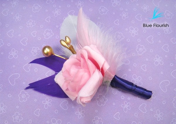 Wedding boutonnieres feather pink rose offbeat purple unique gold