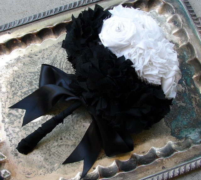 Black and White Cotton Wedding Bridal Bouquet Tuxedo Bouquet Flowers and 