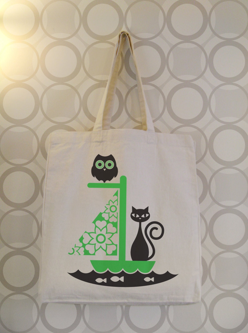 owl and the pussycat   70s folk art inspired chatty nora tote bag
