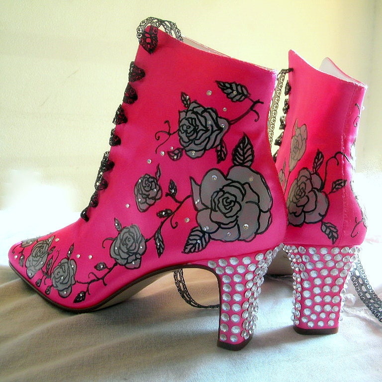 Wedding Shoes painted boots hot pink tattoo roses crystals From norakaren