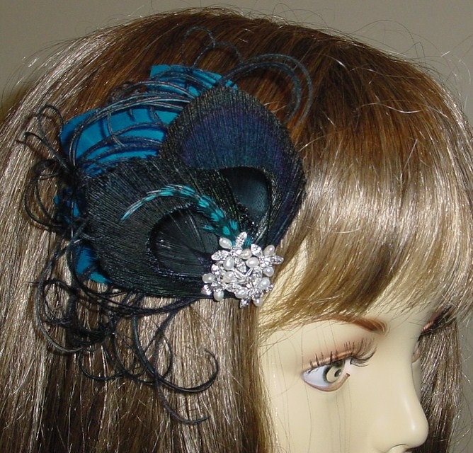 Turquoise and Black Peacock Feather Wedding Fascinator Ready to Ship One