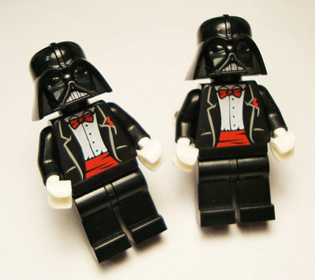 Full body Darth Vader black with red wedding tuxedo LEGOS on silver toned 