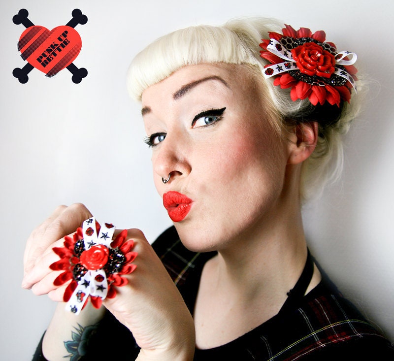 Pin Up Daisy Sparkly Red Rose Tattoo Bow Hair Flower From PunkUpBettie
