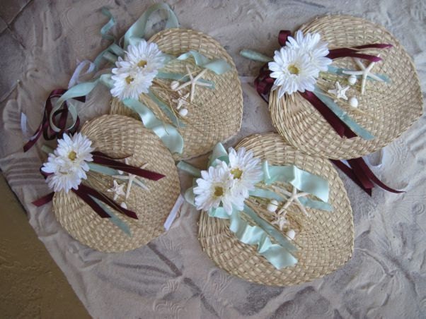 Mint and Brown Starfish and Daisy Natural Straw Rattan Fans for Beach 