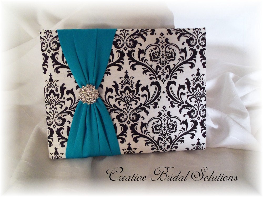 Madison Black and White Damask with Turquoise Wedding Guest Book