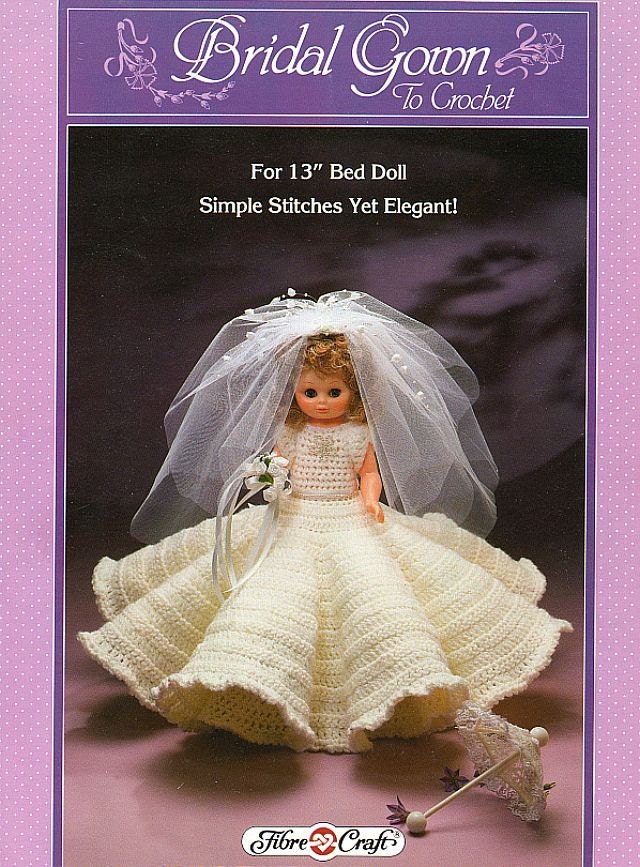 This Fibre Craft FCM144 crochet bridal gown pattern for a 13 bed doll is 
