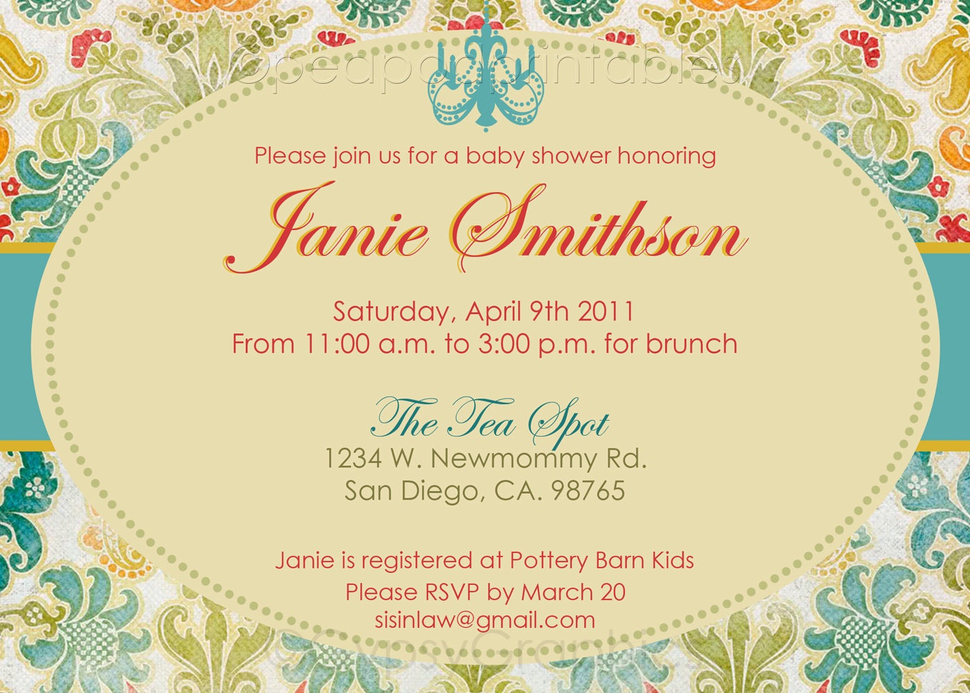 Beautiful summer time floral damask invitation great for wedding bridal