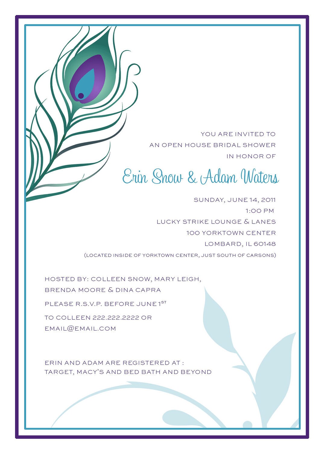 Peacock Feather Bridal Shower Invitation Digital File Only Print option
