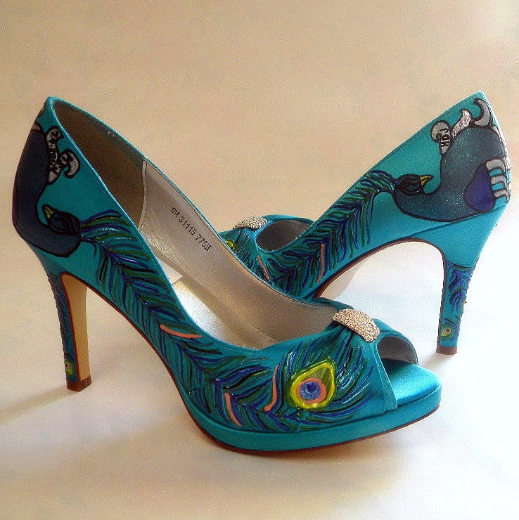 Wedding Shoes Painted peacock turquoise peep toes From norakaren
