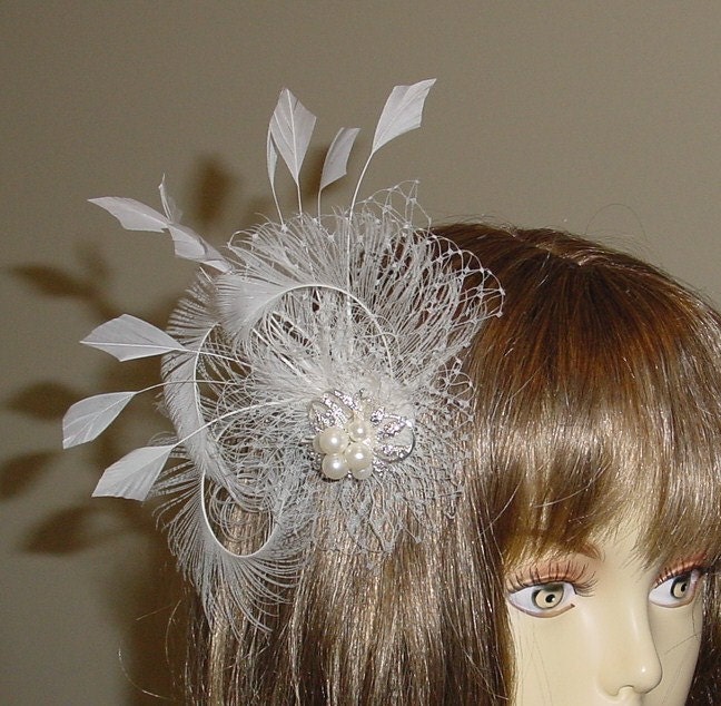 Bold Ivory Peacock Sword Feather Fascinator Wedding Clip Headpiece Ready to 