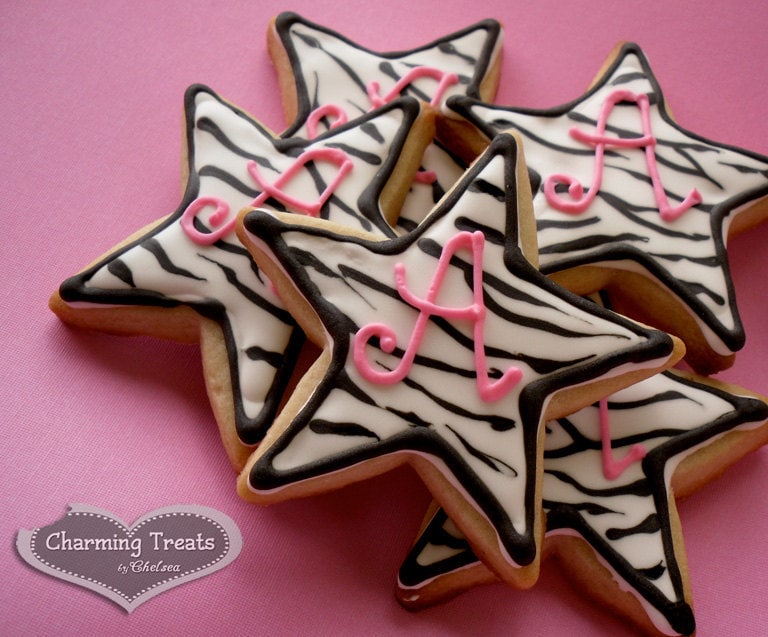 Zebra Stripe Monogram Cookies Stars Black and White Pink Wedding Shower Baby