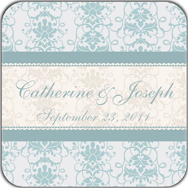 Elegant Teal and Ivory Damask Personalized Wedding Glossy Designer Labels