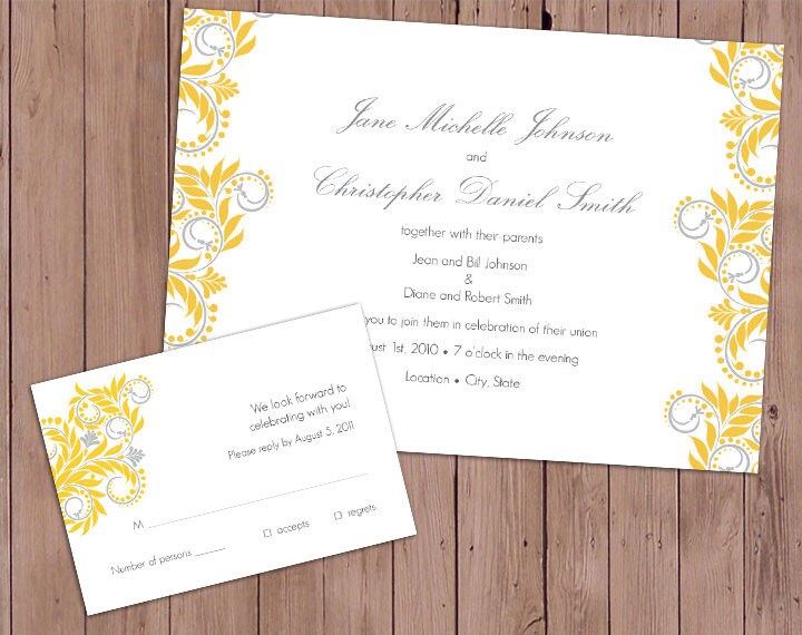 Completely customizable yellow and gray themed wedding invitation and RSVP 
