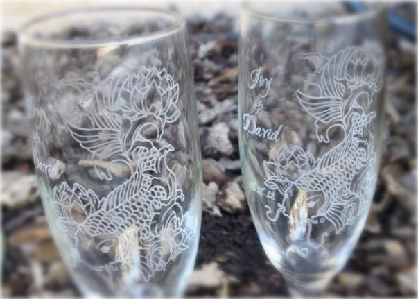 Lotus Koi Fish Engraved Wedding Glass Toasting Flutes From Laserbird