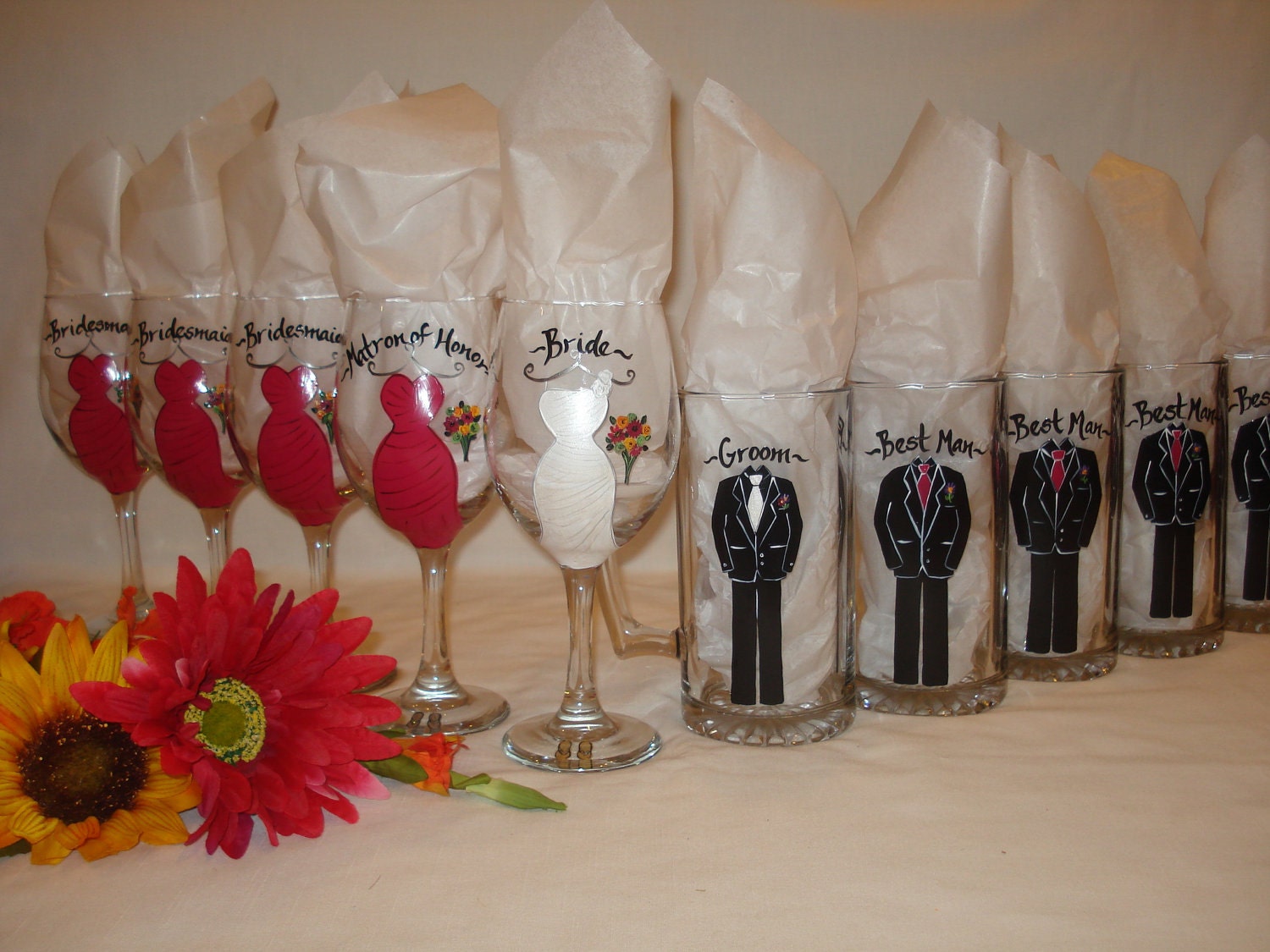 wedding party painted wine glasses