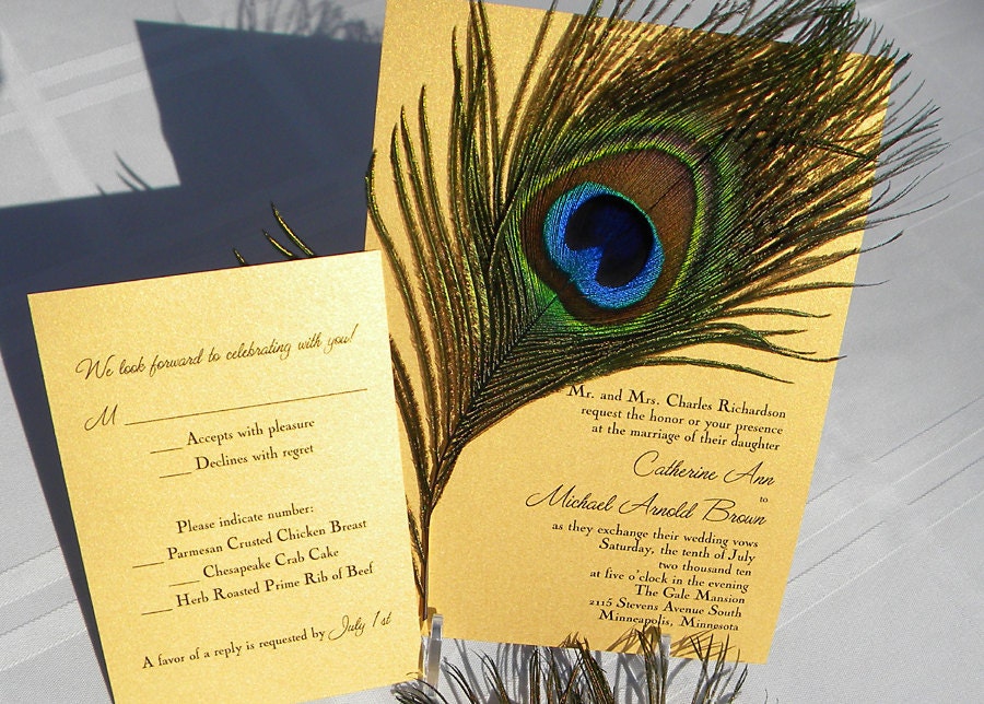 Gold Peacock Feather Wedding Invitation From pixelstopaper