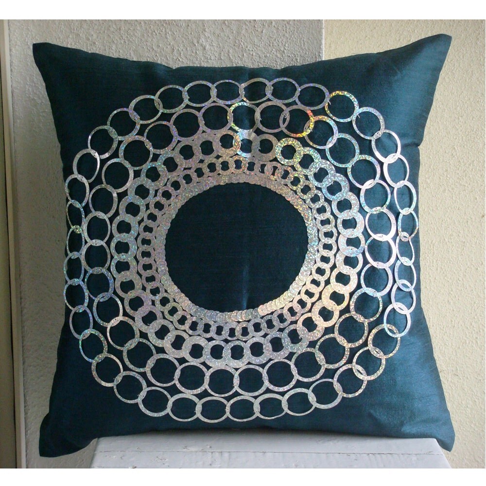 Blue Medallion 30x30 cm Silk Cushions Cover Teal N Silver Discs eBay