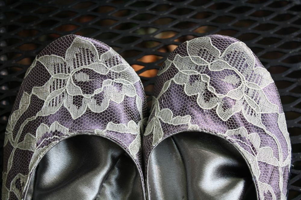 Satin and Lace Wedding Shoes Pale Green over Lilac with Oval Toe