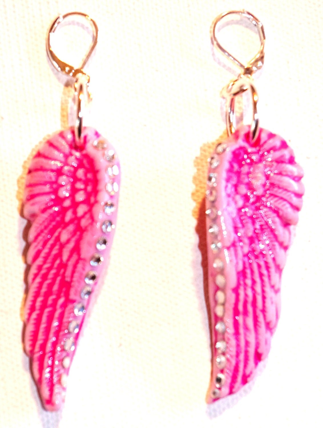 Pink Angel Wing Earrings With Rhinestones From HippieChicJewelz