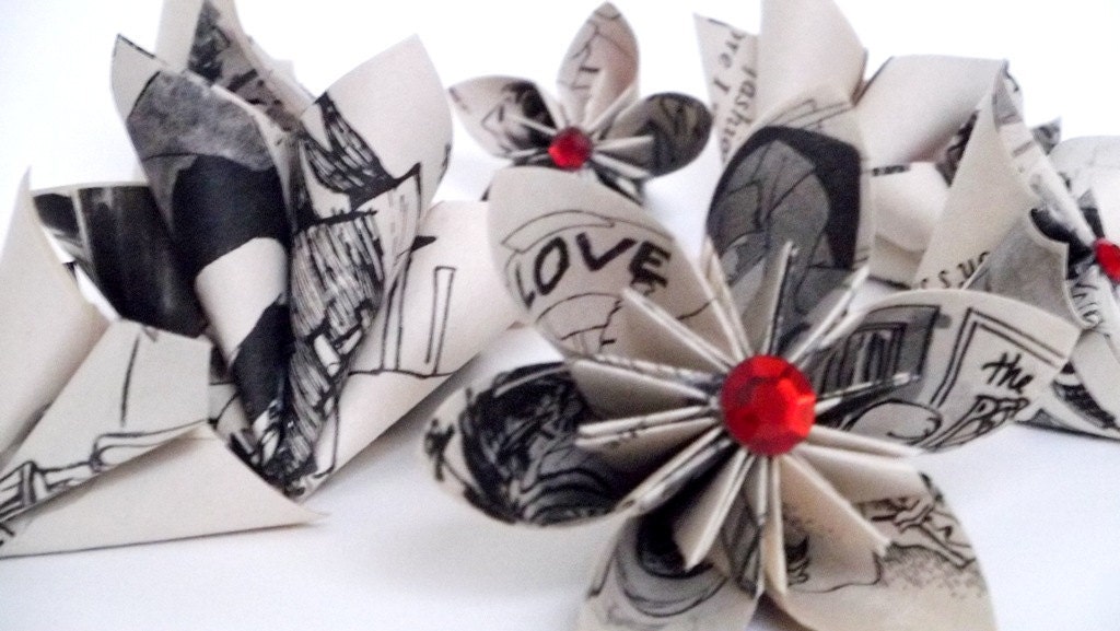 Set of 9 Comic Book Flowers handmade origami wedding decoration
