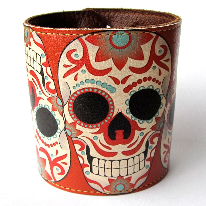 Leather cuff wallet wristband Sugar skull tattoo design From tovicorrie