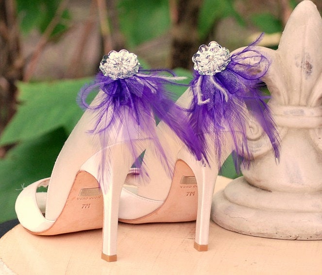 Shoe Clips Royal Purple Feathers Silver Sequins Bride Bridal Bridesmaid 