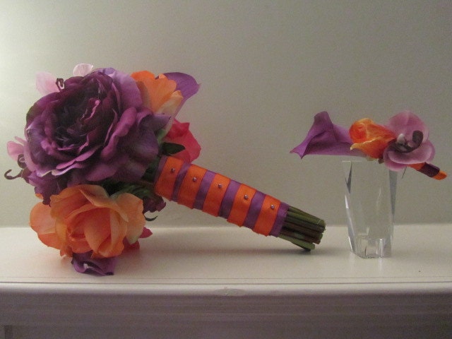 Real Touch Silk Bridal Bouquet Purple pink and tangerine orange