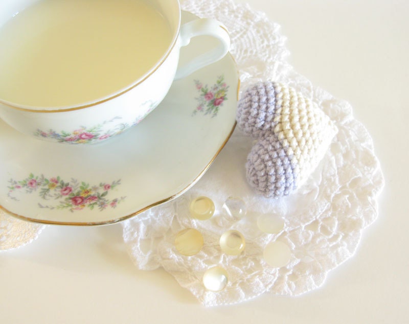 Crocheted Heart Wedding Table Decoration or Wedding Favor Cream and Lavender