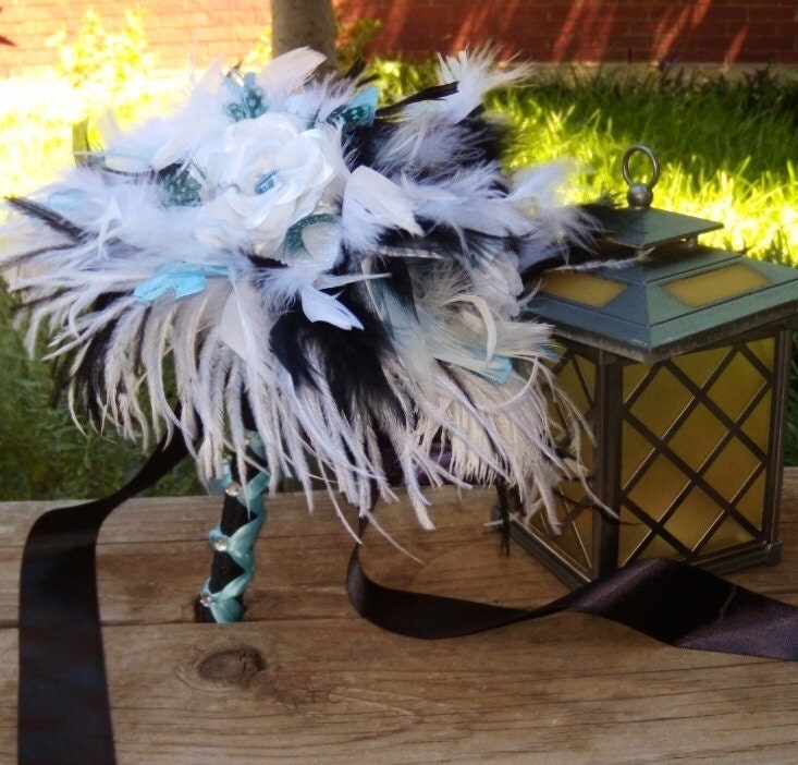 Ostrich Feather Flower Bridal Bouquet Black White and Baby Tiffany Blue 