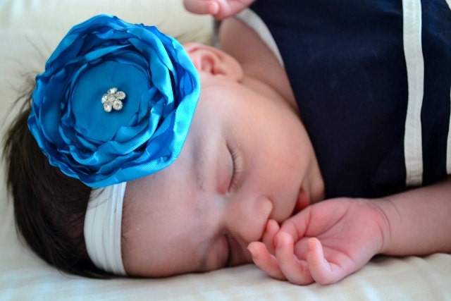 Boutique Turquoise Flower Headband Rhinestone Flower ALL Sizes Photo Prop