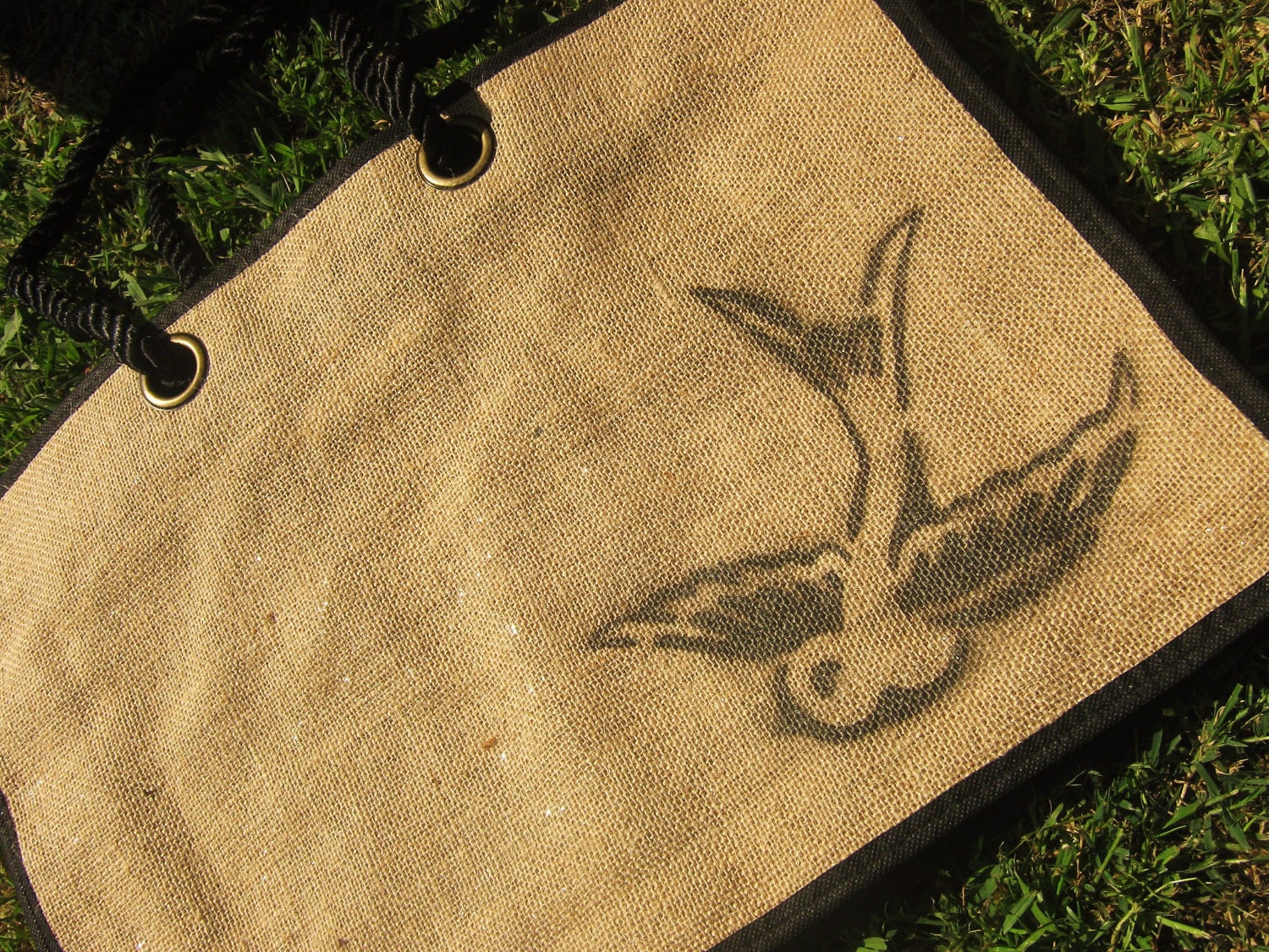 Reusable Burlap Beach Bag Tote Bag or Grocery Bag with stenciled Swallow