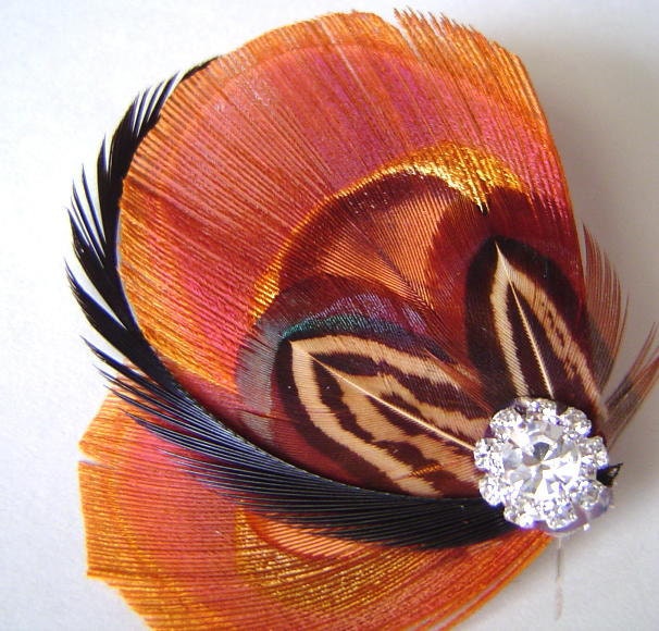 Peacock Feather Hair Clip in Sunset Orange with Pheasant Feathers and 